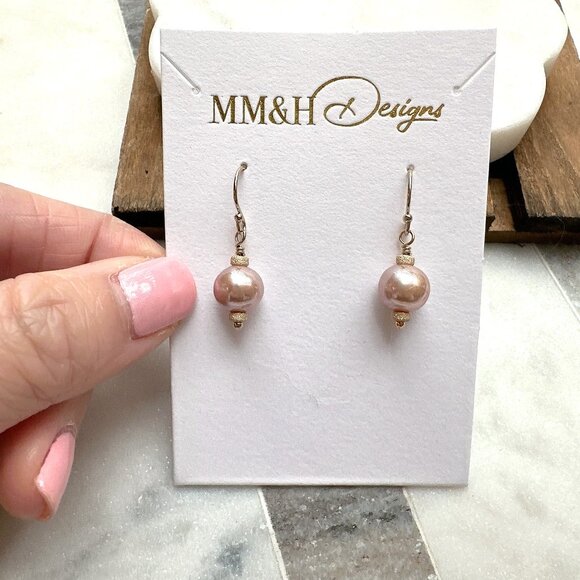 New Elegant Natural Pink Round Freshwater Pearl Earrings | Handmade in BC - Picture 1 of 4